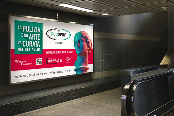 pannello pubblicitario per imprese di pulizia fissato al muro all'ingresso di una metropolitana