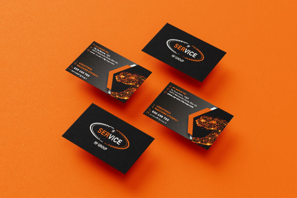 biglietti da visita neri su sfondo arancione per azienda del settore metalmeccanico